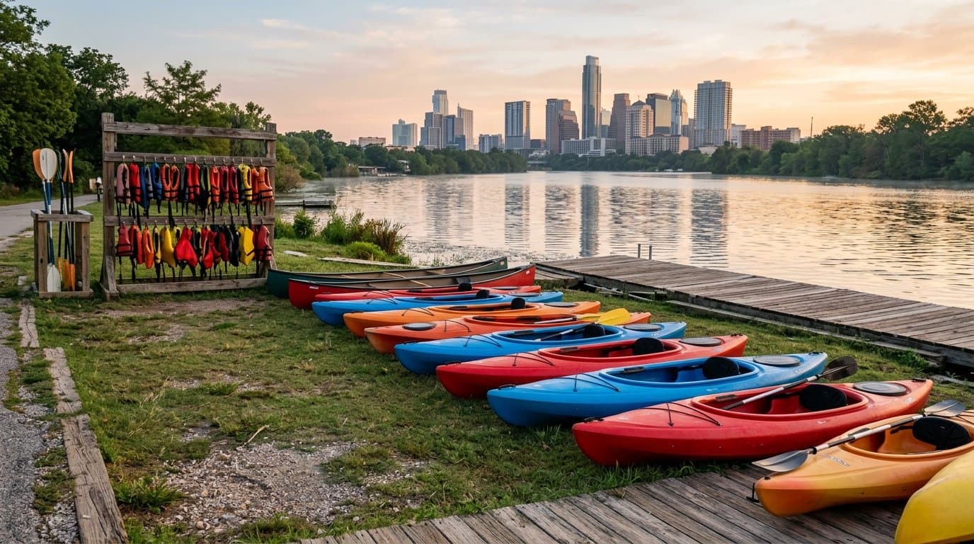 Colorful kayaks beside Lady Bird Lake with the Austin skyline beyond